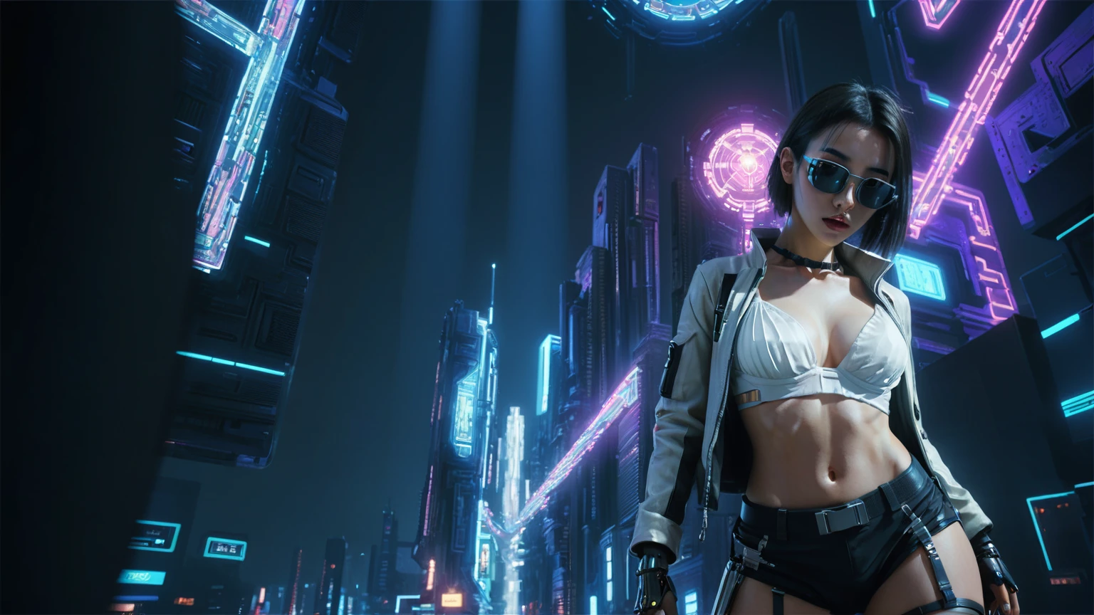 Cyberpunk female plagiarist immersed in digital theft, neon-lit alias within a vast online labyrinth, grotesque grunge brushing into surrealism, illuminated by kaleidoscopic volumetric light, a detailed masterpiece reminiscent of Moebius' distinctive style, deep focus, heightened depth field, psychedelic undertones amplified in a cinematic shot, (((((aerial view of cyberpunk city at night))))), (((((1girl, solo, alone))))), photo realistic, (((((large-breast:1.4 slim body, cleavage:1.4))))), (((off broken mini sling-shirt and black sling bra, (((extreamly short white pleated miniskirt, micro panty)))))), (((((running pose))))), (((((((matrix style black micro sunglasses))))))), ((((((((((aiming with a short gun)))))))))), (((((looking at camera))))), (((very low view))), (((((half-body thigh level medium shot))))), (((cinematic lighting))).