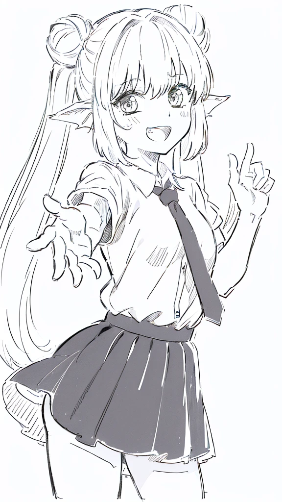 (1girl,20 years old,fit body),solo,(Line Art,white background,sketch,Pencil drawing,traditional media),long hair,white hair,finana,twintails,((white shirt,short sleeves,black standart tie,black skirt)),open mouth,outstretched hand,smile,double bun,upper body