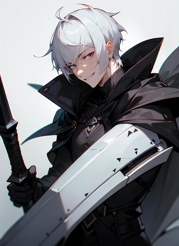 1 , handsome fashion hair,black hair highlight white hair, fanstasy, smile face, male ,fantasy, reaper, hunter with blackshortsword, villian face, short hair black armor , darkness wolrd, 21 yearold 