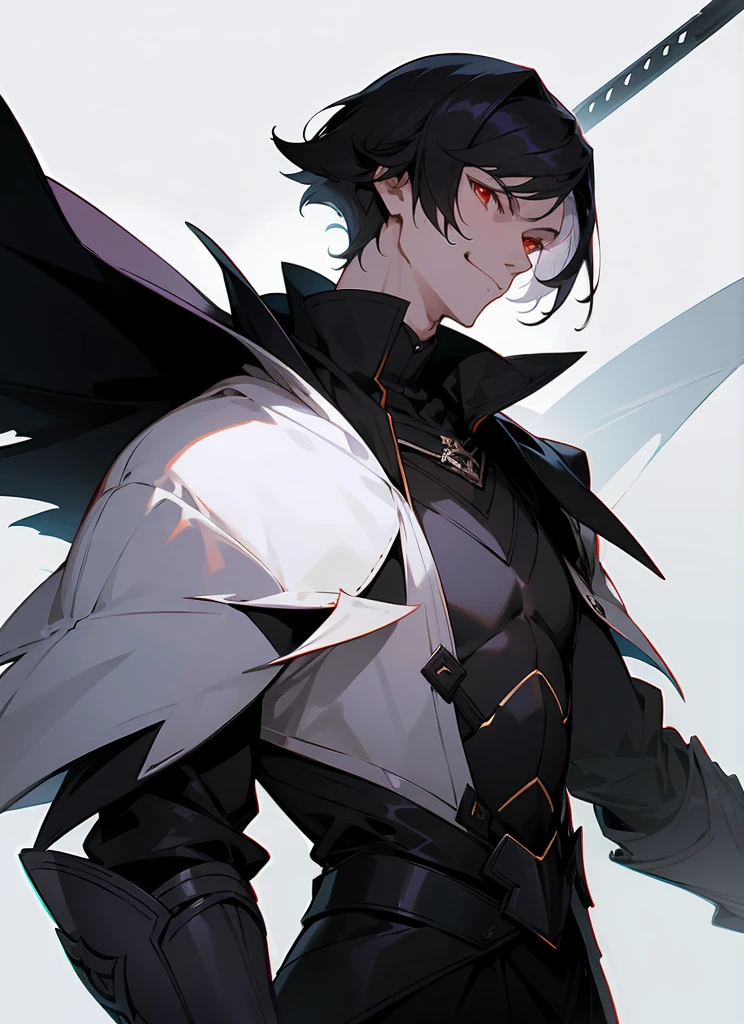 1 , handsome fashion hair,black hair highlight white hair, fanstasy, smile face, male ,fantasy, reaper, hunter with blackshortsword, villian face, short hair black armor , darkness wolrd, 21 yearold 
