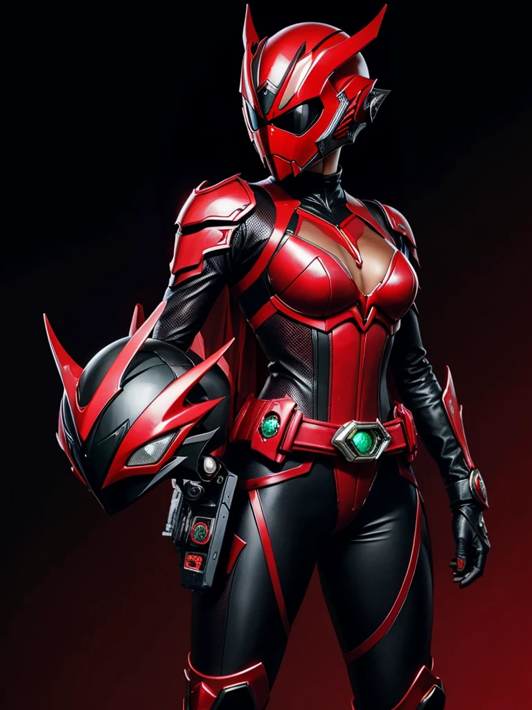 1 teenage girl. Slim body. Girl Kamen rider. Dragon styled kamen rider. Red and black female kamen rider suit with cleavage. Dragon styled full face kamen rider helmet. No face exposed. No hair exposed. Kamen rider belt. Standing pose. Red light background.