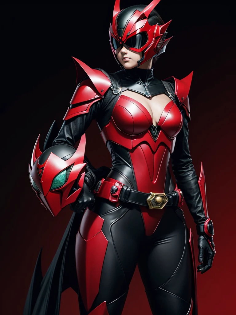 1 teenage girl. Slim body. Girl Kamen rider. Dragon styled kamen rider. Red and black female kamen rider suit with cleavage. Dragon styled full face kamen rider helmet. No face exposed. No hair exposed. Kamen rider belt. Standing pose. Red light background.