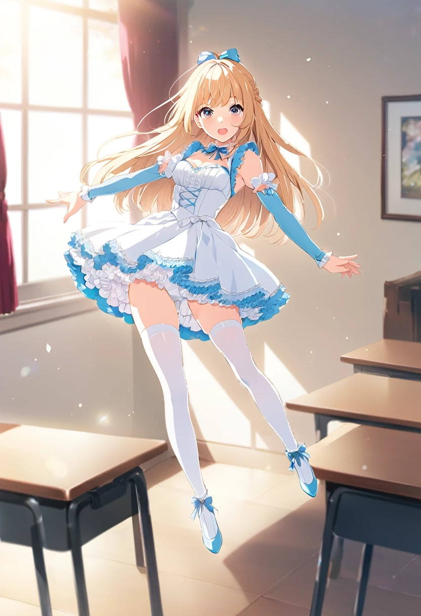 Long blonde hair anime girl posing on a desk, Enchanting anime girl, Smooth anime CG art, Anime Barbie in White Stockings, Blonde anime girl, 、dynamic pose anime full body illustration