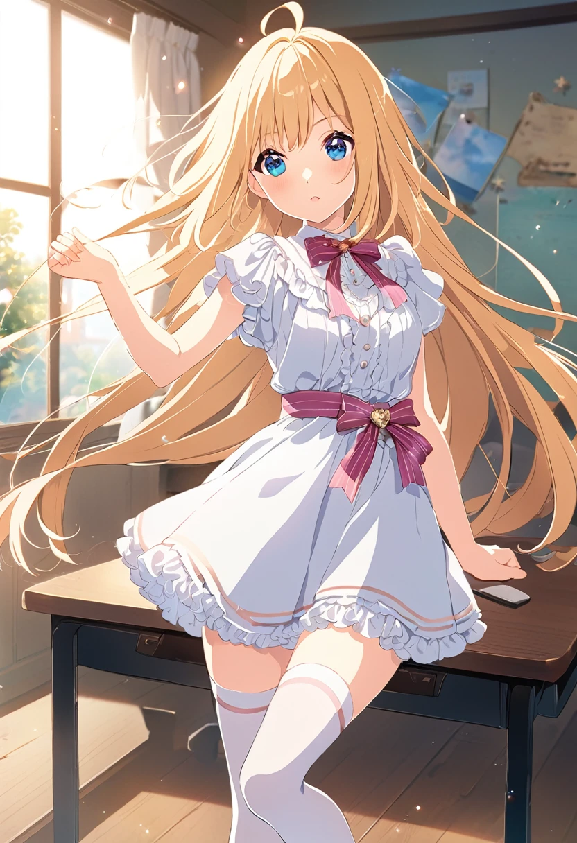 Long blonde hair anime girl posing on a desk, Enchanting anime girl, Smooth anime CG art, Anime Barbie in White Stockings, Blonde anime girl, 、dynamic pose anime full body illustration