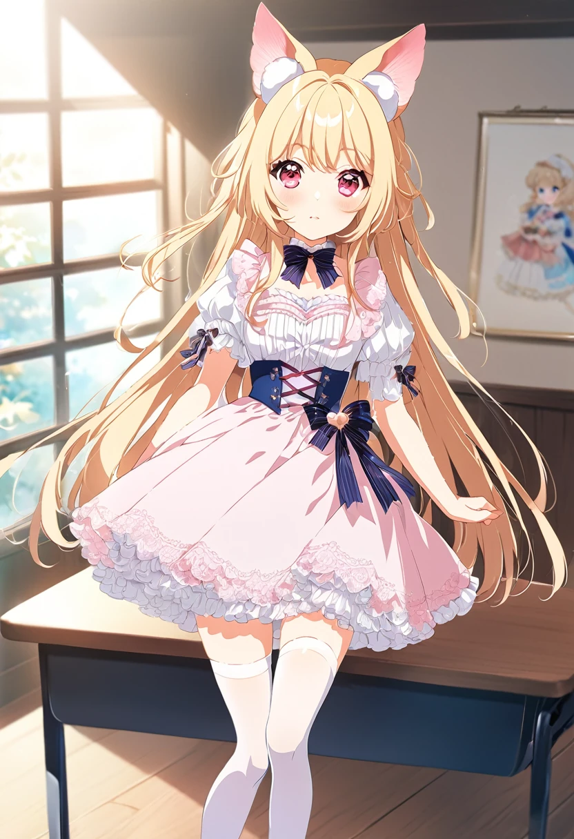 Long blonde hair anime girl posing on a desk, Enchanting anime girl, Smooth anime CG art, Anime Barbie in White Stockings, Blonde anime girl, 、dynamic pose anime full body illustration