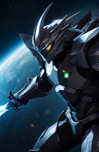 Highest quality、photograph、8K、Fantasy、detailed、Giant dragon-like robot、Covered in dragon-like scales、(Diffuse reflection of light、A body that shines jet black like a black diamond)、Complex Texture、Solidly constructed and textured body、(Large hand-held weapons、Large Rifle、Big sword)、Dragon-like head、The face is accurately drawn、Flying in Space、Space War、milky way、masterpiece