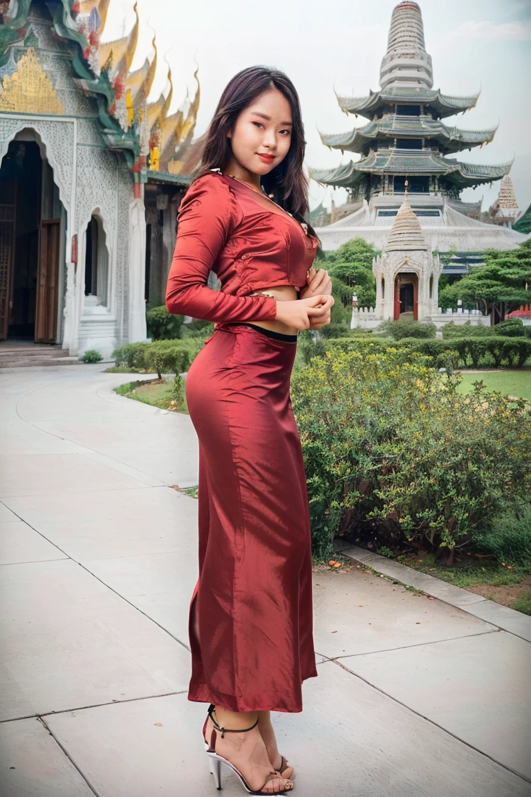 arafed asian woman in a satin dress standing in front of a crowd, (((full body view:2))), ((pretty lady MoonLay:1.2)), (pretty lady MoonLay), ((((pretty lady MoonLay's innocent cute face and cute small smile:1.3)))), ((perfect pose for photography:1.2)), (random people walking), ((wearing Myanmar traditional elegant and stylish white and red affair:1.2)), ((super curvy and wide buttock)), ((white top dress:1.4)), ((red satin long skirt:1.5)), ((blue sandal high heel)), south east asian with square face, traditional beauty, beautiful asian girl, anime thai girl, a young beautiful asian woman, (((photorealistic background))), ((in a park with Myanmar temple and pagoda at far background:1.5)), (((evening lighting with golden sunlight1.5))), (cinematic enhance HDR portrait lighting, perfect anatomy, cannon mark v, DSLR quality, (perfect anatomy:1.2), (perfect toes:1.2),
