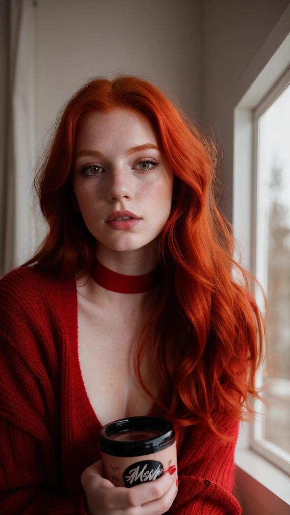 raw photo, (18yo redhead girl:1.2), makeup, graphic eyeliner, rouge, (choker:0.9), realistic skin texture, oversize knit sweater, (red:0.8), softcore, warm lighting, cosy atmosphere, instagram style