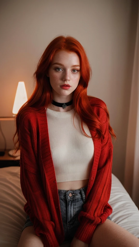 raw photo, (18yo redhead girl:1.2), makeup, graphic eyeliner, rouge, (choker:0.9), realistic skin texture, oversize knit sweater, (red:0.8), softcore, warm lighting, cosy atmosphere, instagram style