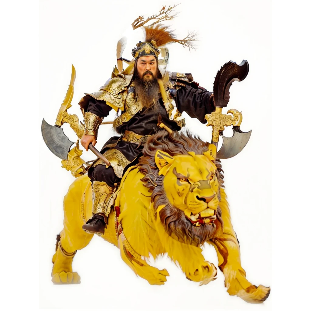 a wild beard ancient chinese warrior with armour holding axes, riding on a lion looked monster, black robe,Gourd on the back，tusk on the lion