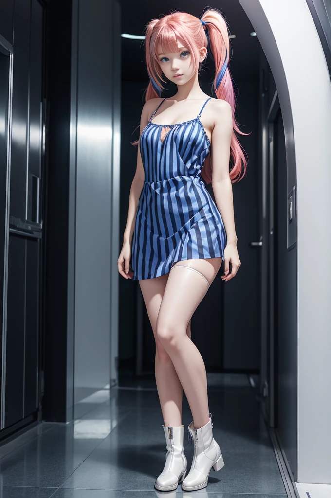 cute redhead with rainbow colored hair tips, ribbons in her hair, 18-year-old woman, happy, in twin tails, perfect symmetrical eyes, clear sparkling blue eyes, pale skin, silky smooth skin, standing on a fancy metal luxurious space ship, futuristic corridor, dark warm lighting, wearing a futuristic chemise over tank top and a pleated (chemise) mini dress (pastel colors, and stripes), wearing full body pantyhose, cute short cut booties.