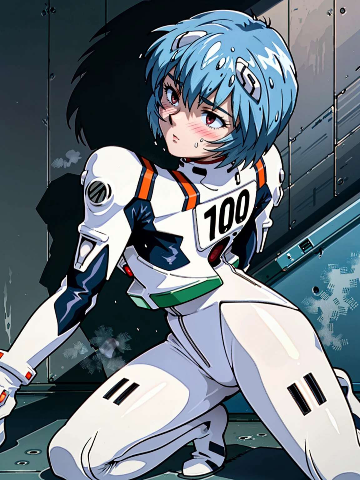 ((Highest quality, 8k wallpaper)),(masterpiece, Highest quality),Very detailed,High resolution,(Official Art:1.3),(((Anime screenshots,Black outline))),One girl,alone, Break mer1,(Rei Ayanami {Neon Genesis Evangelion,}1.2),masterpiece, best quality, outdoor, 1girl, Solo,red eyes,short hair,blue hair, (White plug suit:1.4), skin tight,(Tired look, A look of regret, Struggled, Half-closed eyes, fear, humiliation, Frightened, anxiety:1.3),(((Covered in sweat, Mass sweat, Sweating profusely,steam:1.7))), (looking back,kneeling, hands on floor:1.8), (Dirty Costume with mud,gym storeroom:1.5)(((sweat,Sweatdrop,flying Sweatdrops, sweating profusely,wet,wet clothes,wet hair,messy hair))),
