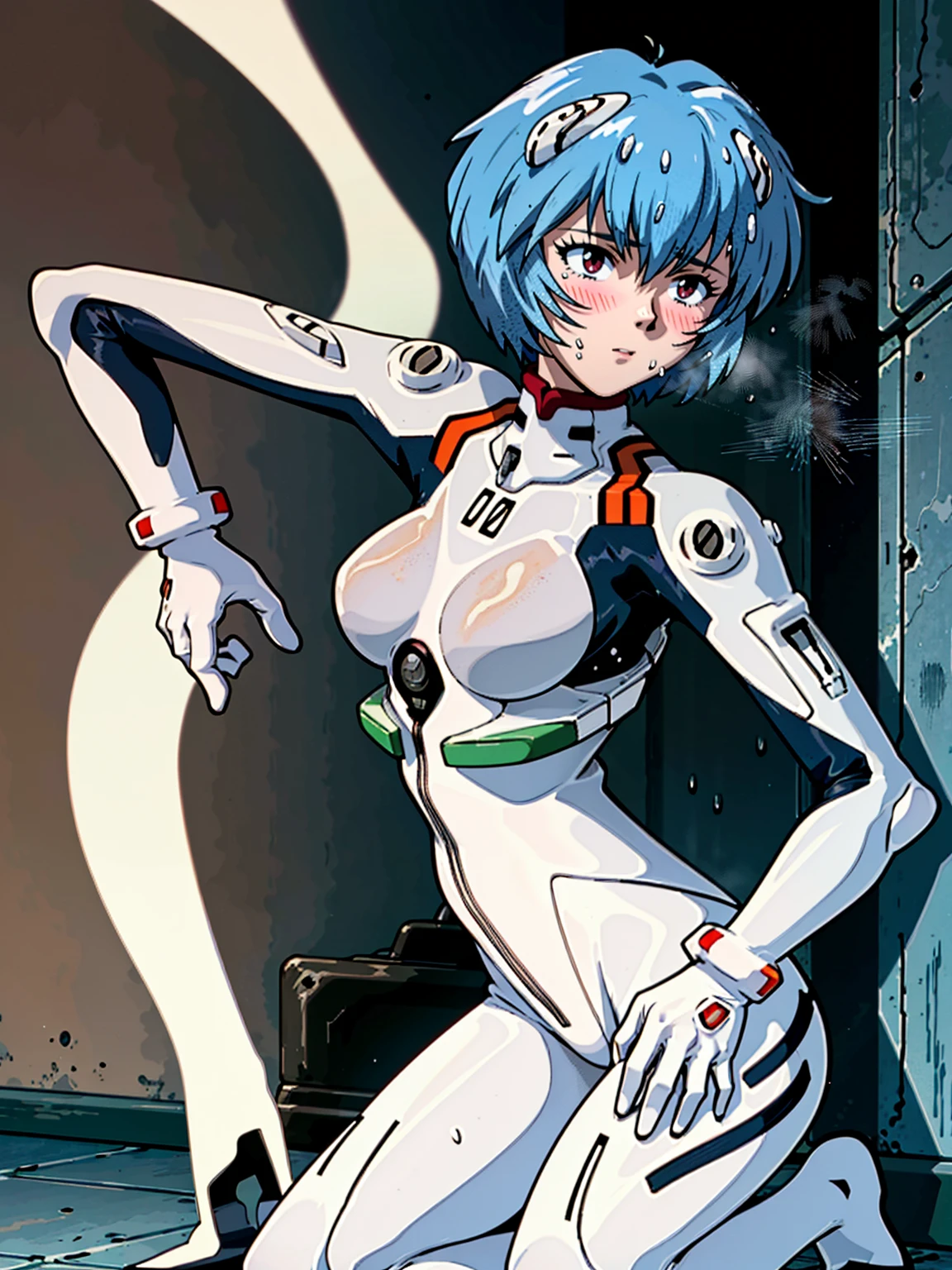 ((Highest quality, 8k wallpaper)),(masterpiece, Highest quality),Very detailed,High resolution,(Official Art:1.3),(((Anime screenshots,Black outline))),One girl,alone, Break mer1,(Rei Ayanami {Neon Genesis Evangelion,}1.2),masterpiece, best quality, outdoor, 1girl, Solo,red eyes,short hair,blue hair, (White plug suit:1.4), skin tight,(Tired look, A look of regret, Struggled, Half-closed eyes, fear, humiliation, Frightened, anxiety:1.3),(((Covered in sweat, Mass sweat, Sweating profusely,steam:1.7))), (looking back,kneeling, hands on floor:1.8), (Dirty Costume with mud,gym storeroom:1.5)(((sweat,Sweatdrop,flying Sweatdrops, sweating profusely,wet,wet clothes,wet hair,messy hair))),
