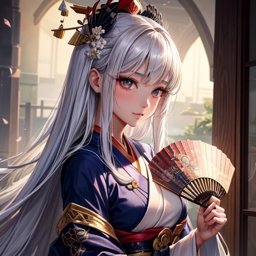 Holding a fan、Arabian woman with flowers in her hair, Exquisite digital illustrations, Beautiful artwork illustration, Amazing digital illustrations, Beautiful digital art, Inspired by Yoon Doo-seo, In the style of digital illustration, Portrait of a Geisha, Beautiful Fantasy Empress, Beautiful digital illustrations, 美しいPortrait of a Geisha, Portrait of a Geisha A woman with silver hair and dark skin