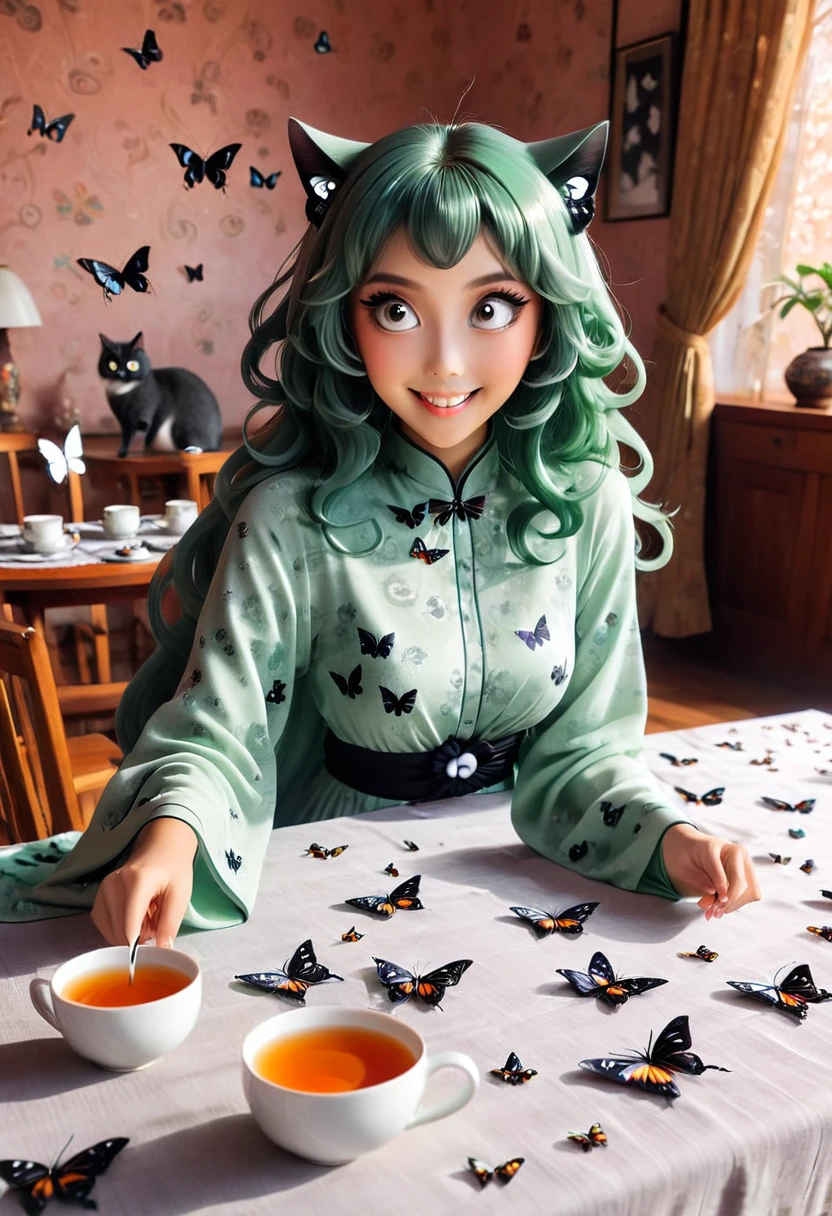 The beautiful Tatsumaki, With her huge eyes she looks amazed and with a big smile while she drinks tea from ceramic cups with ghostly cat shapes while the butterflies flutter around the table and the tablecloth..
