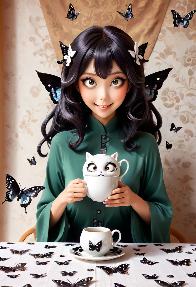 The beautiful Tatsumaki, With her huge eyes she looks amazed and with a big smile while she drinks tea from ceramic cups with ghostly cat shapes while the butterflies flutter around the table and the tablecloth..
