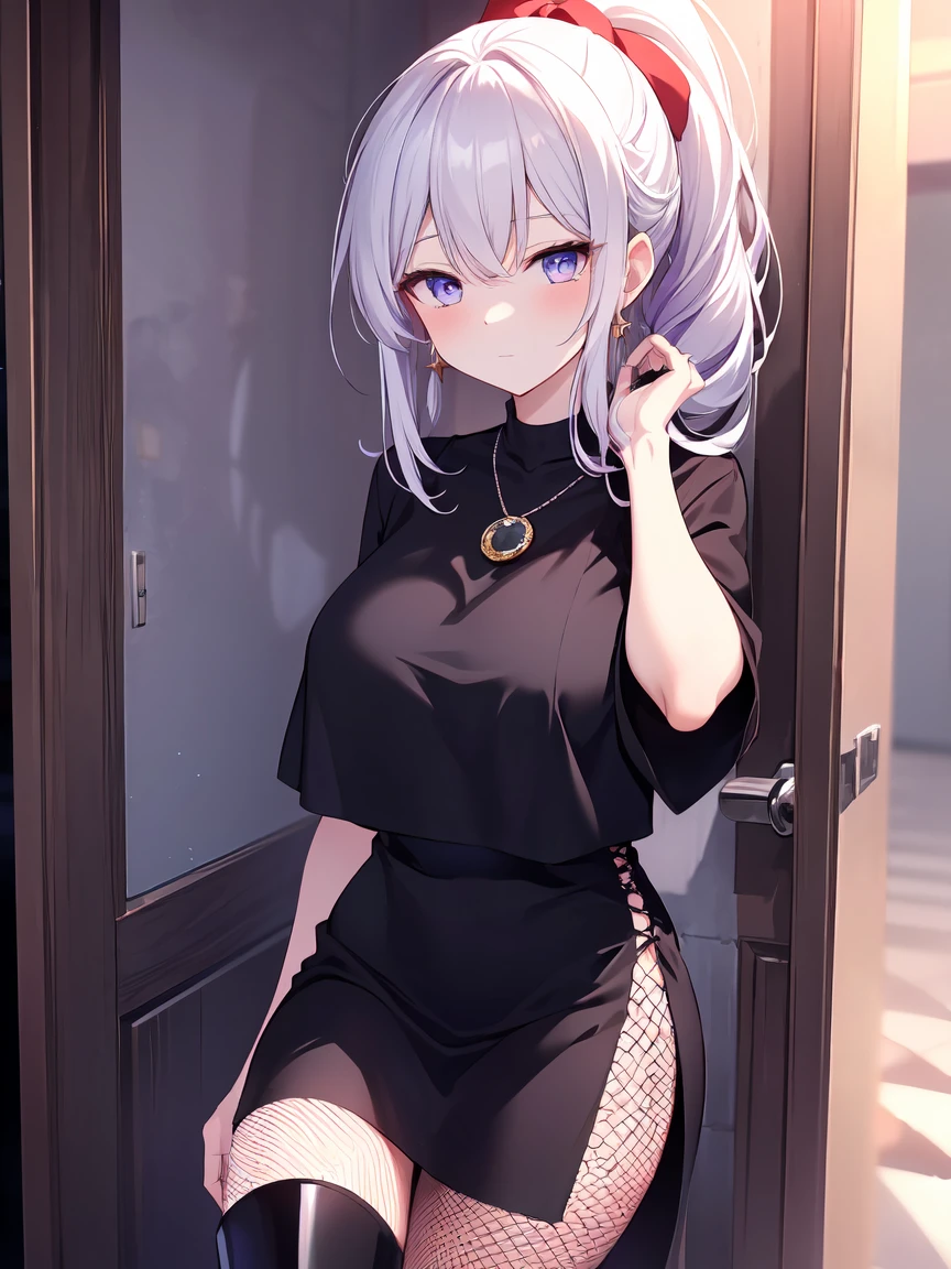 ((masterpiece)), ((Highest quality)), (Super detailed), ((Very detailed)), 4K, (8K), Highest quality, Highest quality, Anime Style,One girl, alone, Most detailed skin, Purple Velvet Camisole Dress, Black leather jacket with silver studs, Fishnet tights, Black stiletto boots, silver moon pendant necklace, //, Surprised expression, Girl with a troubled face, Ecstasy, (sexual expression), smile, blush, Red face, //, (Large Breasts), Voluptuous body, //, High ponytail hairstyles, Lavender hair color, (Beautiful Eyes), Pink skin, //, Dark Alley, Rusty metal stairs and door, (Bold line:1.2),