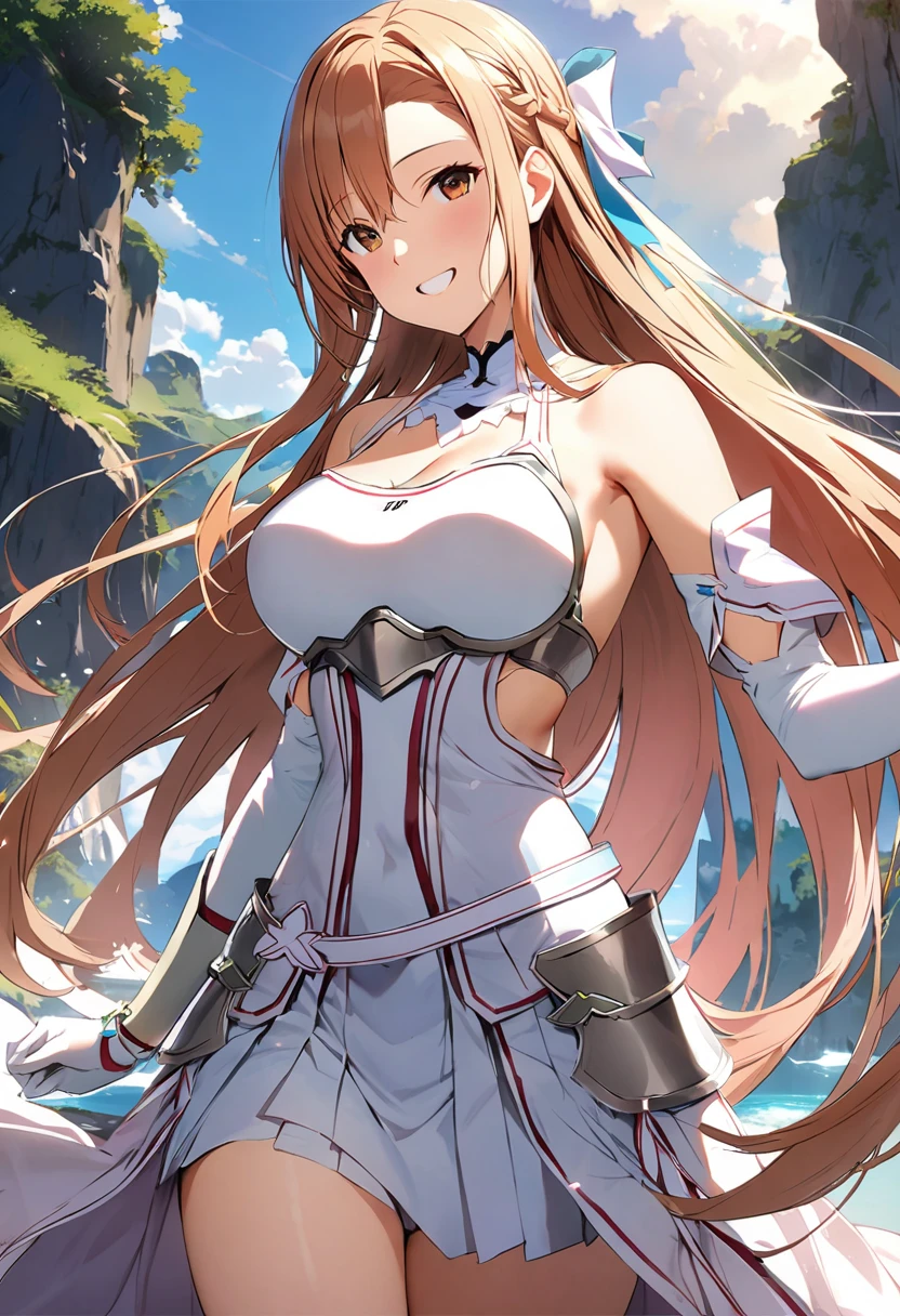 ((masterpiece)), Highest quality, Very detailed,(One Girl),Yuuki asuna、asuna(stay), brown eyes, bare shoulders, breastplate, armor, detached sleeves, gloves, white gloves, (red and white dress), Long Hair, smile, Beautiful background ,Completely naked, 