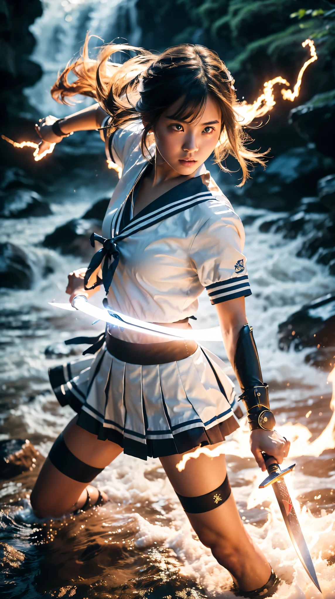 (Ultra HD, Highest quality, High resolution, Hyperrealistic, super beautiful), 24000dpi, Beautiful woman, high school girl, Long Tail, Well-formed eyes, Eyesight max, 18-year-old, Alluring, Completely American, perfect body, Physical Beauty, ((Japanese , Sailor suit, Ultra mini skirt, serafuku)), (((hold, Electric Japanese Sword, Ancient Scabbard, Two-Way))), Blue Lightning, Charge Move, (Special move stance), All in one, Disorganized, (Seven knives fly around her), (((Anatomically correct))), whole body