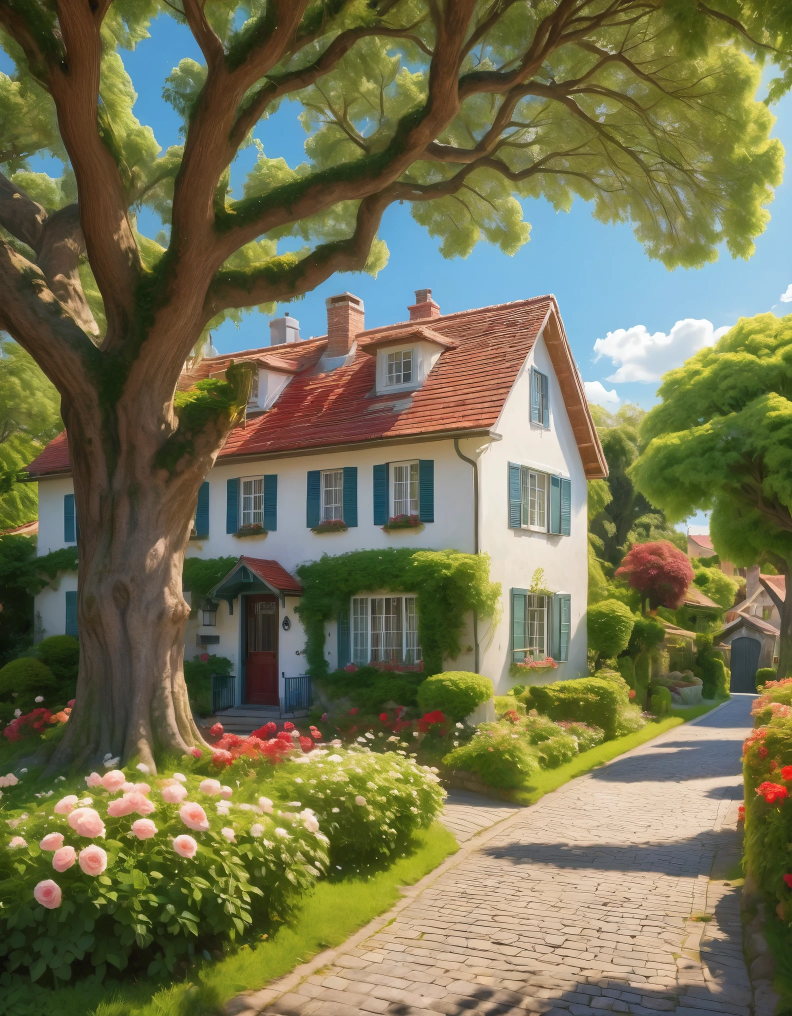 Create a vibrant and serene neighborhood scene under a clear blue sky filled with fluffy white clouds. The focal point is a large, ancient tree with a thick, textured trunk and sprawling branches covered in lush green foliage. The sunlight filters through the leaves, casting dappled shadows on a cobblestone pathway that winds through the quaint, well-kept houses with red-tiled roofs and wooden exteriors. One house prominently features a "Lazy Days" sign, a mailbox, and a flower garden filled with blooming roses and other colorful plants. The overall atmosphere is peaceful, with bright, natural colors and a warm, inviting feel. Hyper realistic photo, 16k, Vibrant colors