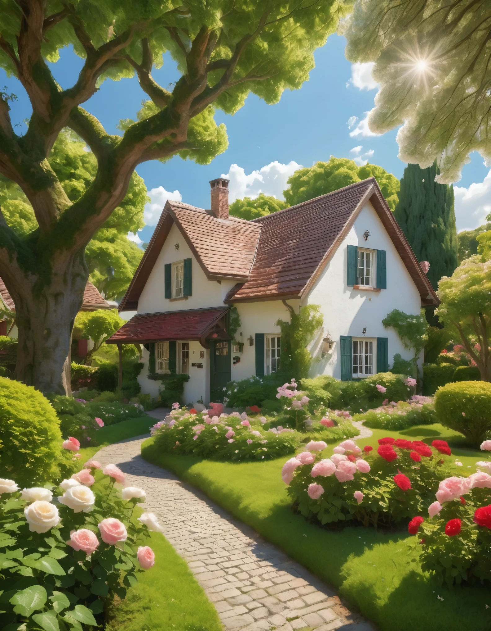 Create a vibrant and serene neighborhood scene under a clear blue sky filled with fluffy white clouds. The focal point is a large, ancient tree with a thick, textured trunk and sprawling branches covered in lush green foliage. The sunlight filters through the leaves, casting dappled shadows on a cobblestone pathway that winds through the quaint, well-kept houses with red-tiled roofs and wooden exteriors. One house prominently features a "Lazy Days" sign, a mailbox, and a flower garden filled with blooming roses and other colorful plants. The overall atmosphere is peaceful, with bright, natural colors and a warm, inviting feel. Hyper realistic photo, 16k, Vibrant colors