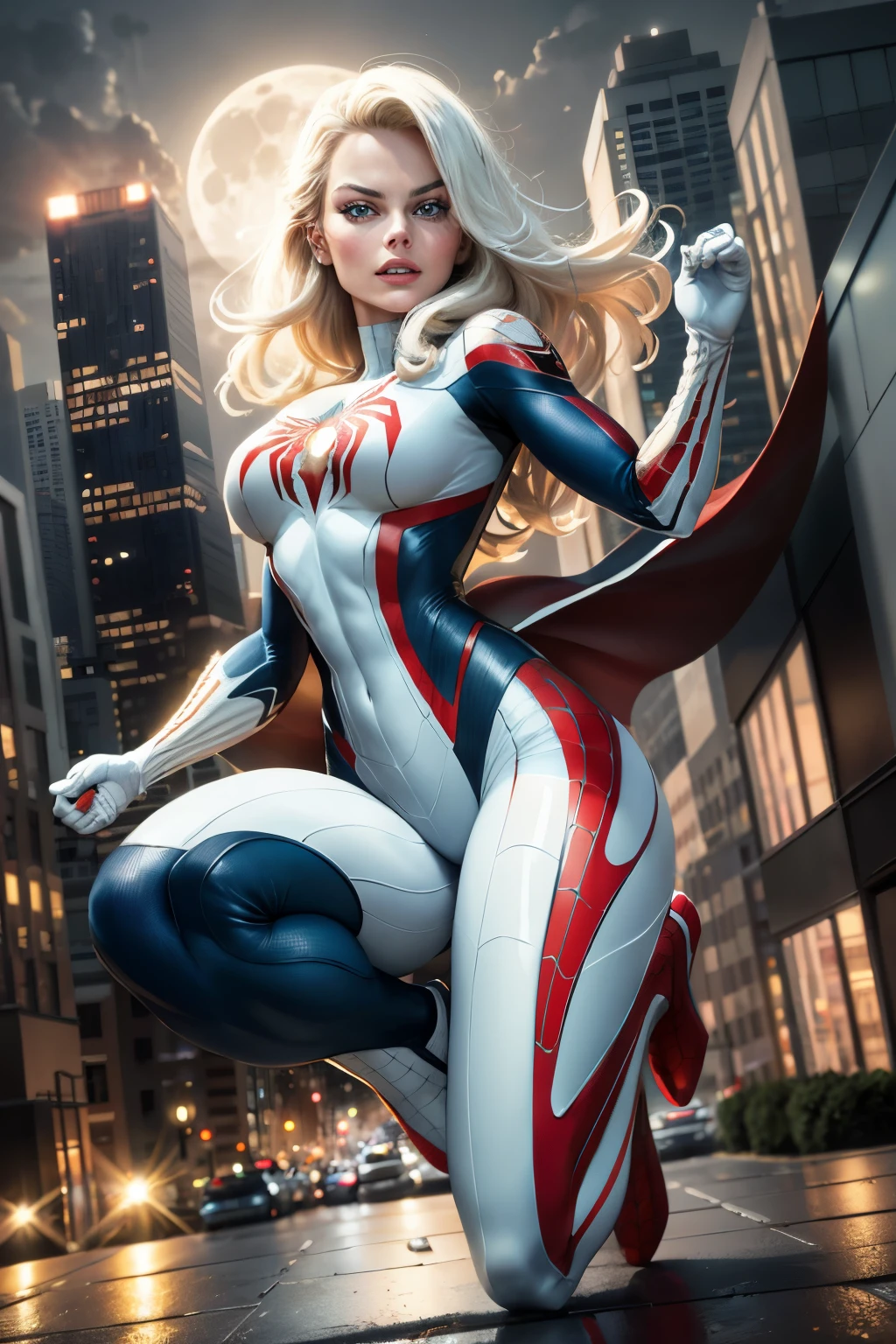 Margot Robbie (Masterpiece, 4k resolution, ultra-realistic, very detailed), (White superhero theme, charismatic, there's a girl at the top of town, wearing Spider-Man costume, she's a superhero), [ (25 years), (long white hair:1.2), full body, (blue eyes:1.2), ((Spider-Man pose),show of strength, jumping from one building to another), ((sandy urban environment):0.8)| (cityscape, at night, dynamic lights), (full moon))] # Explanation: The Prompt mainly describes a 4K painting of ultra-high definition, very realistic, very detailed. It shows a superheroine at the top of the city, wearing a Spider-Man costume. The theme in the painting is a white superhero theme, the female protagonist has long white hair, is 25 years old and her entire body is shown in the painting. In terms of portraying the actions of superheroines, spiders are employed,neon