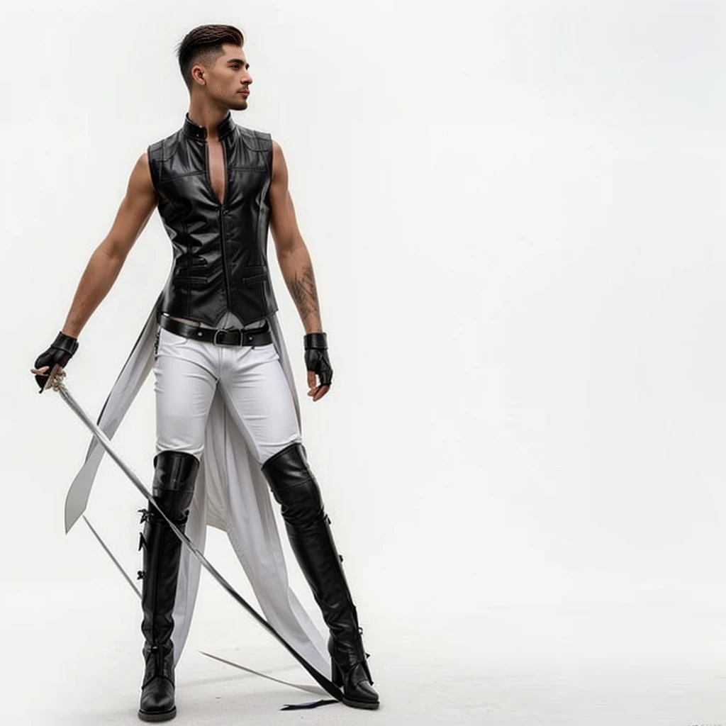 araffe dressed in white riding boots and a black vest holding a sword, leather clothing and boots, fantasy leather clothing, ripped clothes holding whip, leather clothing, wearing leather, leather clothes, skintight leather clothes, wearing leather armored vest, masculine appeal high fashion, tom of finland style, inspired by Maximilian Cercha, leather jerkin, wearing a black leather vest