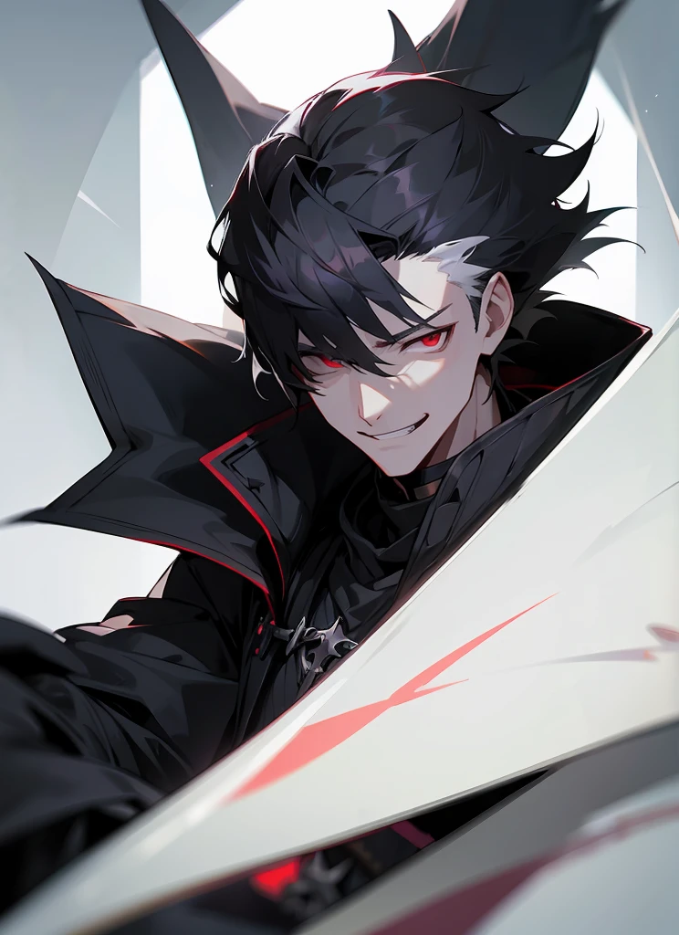 1 , handsome fashion hair,black hair highlight white hair, fanstasy, smile face, male ,fantasy, reaper, hunter with blackshortsword, villian face, short hair black armor , darkness wolrd, bad