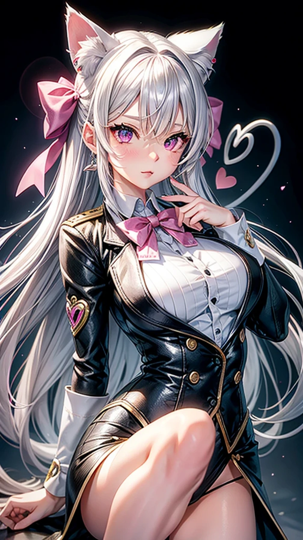 Silver hair, pink eyes, body, cat ears, sexy girl, earrings, heart background fantasy, uniform, hair bow