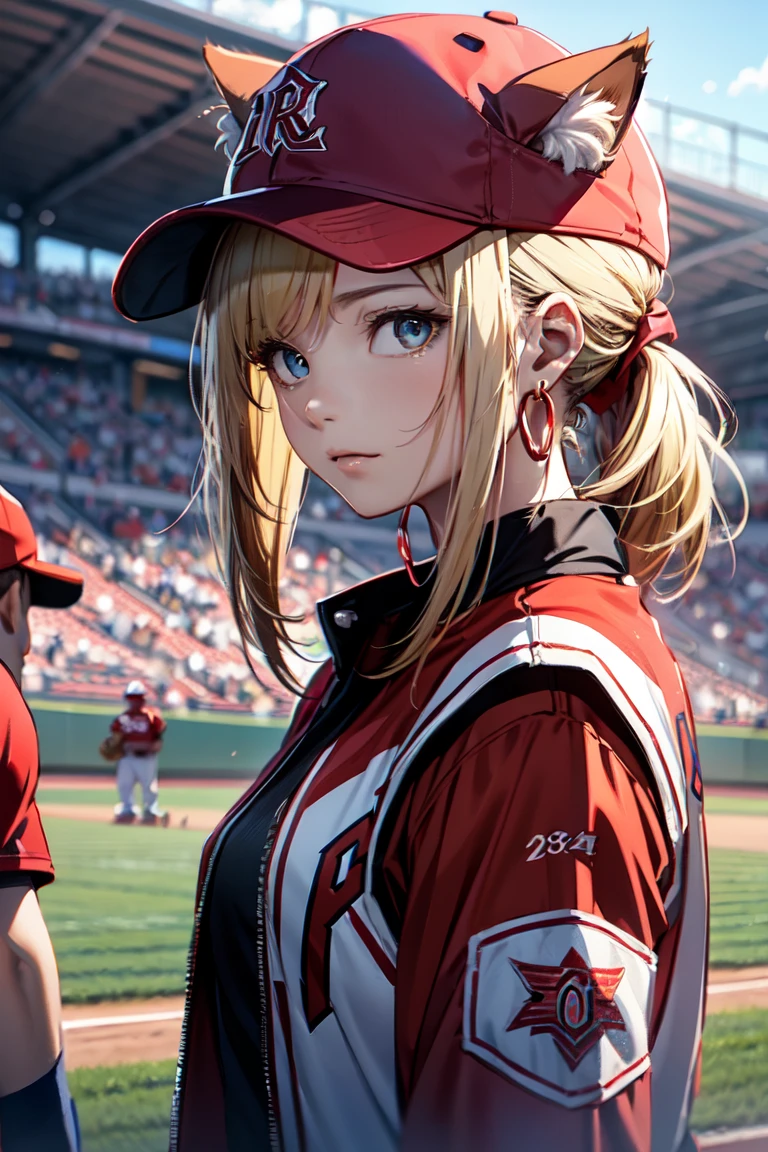 ((Cat ears)), ((Sleeveless)),((Wine Red Baseball Cap)),((Wine Red Baseball Uniform))、((Red jacket))、((At the baseball stadium)), Blonde Hair, 短めponytail, (Blonde Hair, short,ponytail), Pale blue eyes,Closed Mouth、Hoop Earrings, Jewelry,(Best Quality, 8k, Oil painting, Mastepiece:1.2), Super detailed, (Realism, It's photorealistic:1.37), (((Bust Shot))),