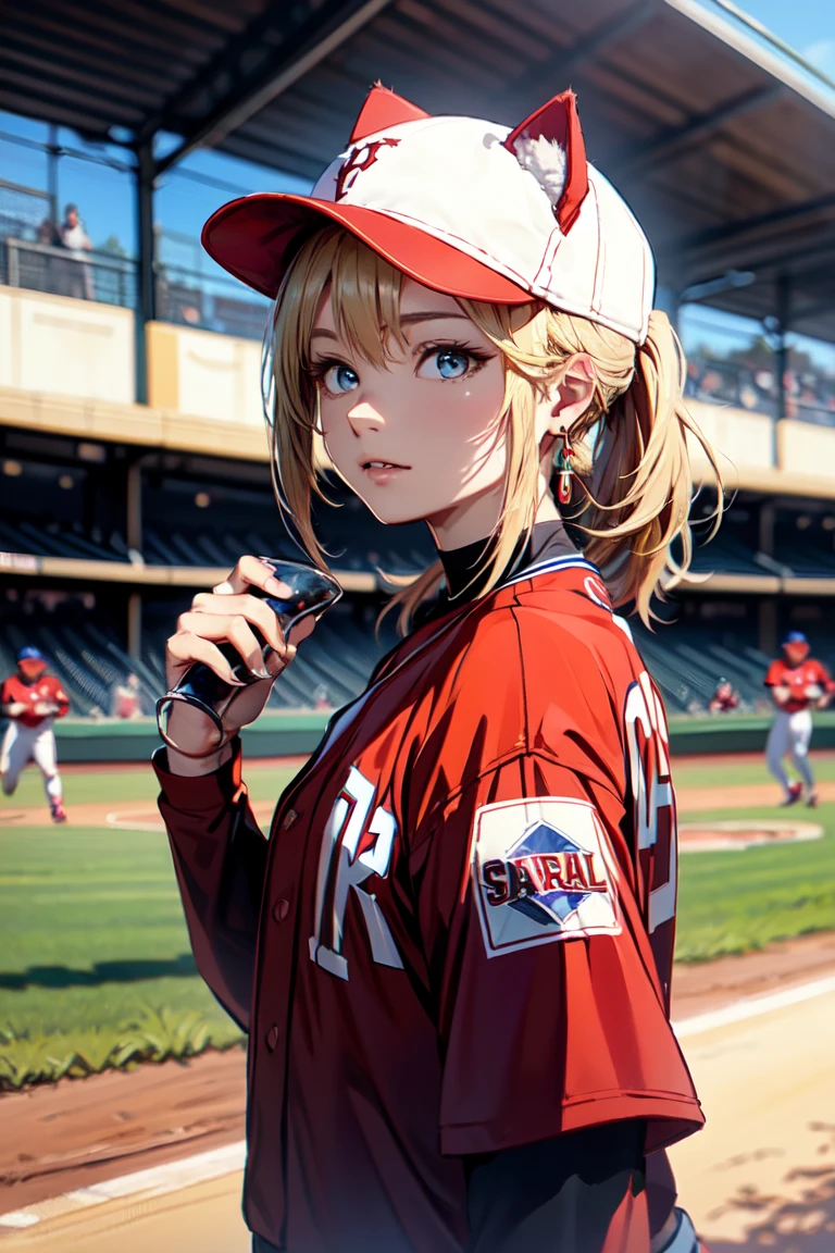 ((Cat ears)), ((Sleeveless)),((Wine Red Baseball Cap)),((Wine Red Baseball Uniform))、((Red jacket))、((At the baseball stadium)), Blonde Hair, 短めponytail, (Blonde Hair, short,ponytail), Pale blue eyes,Closed Mouth、Hoop Earrings, Jewelry,(Best Quality, 8k, Oil painting, Mastepiece:1.2), Super detailed, (Realism, It's photorealistic:1.37), (((Bust Shot))),