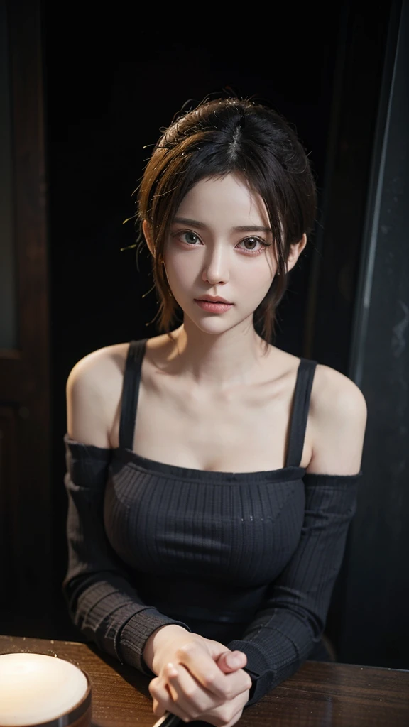 Fantasy art, photorealism, dynamic lighting, artstation, poster, volumetric lighting, very detailed faces, (official uniform: 1.4), short hair, sweater, delicate collarbone, bare shoulders, full breasts, big breasts, use katana