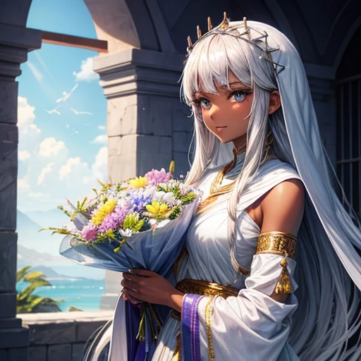 Holding a fan、Arabian woman with flowers in her hair, A woman with silver hair and dark skin