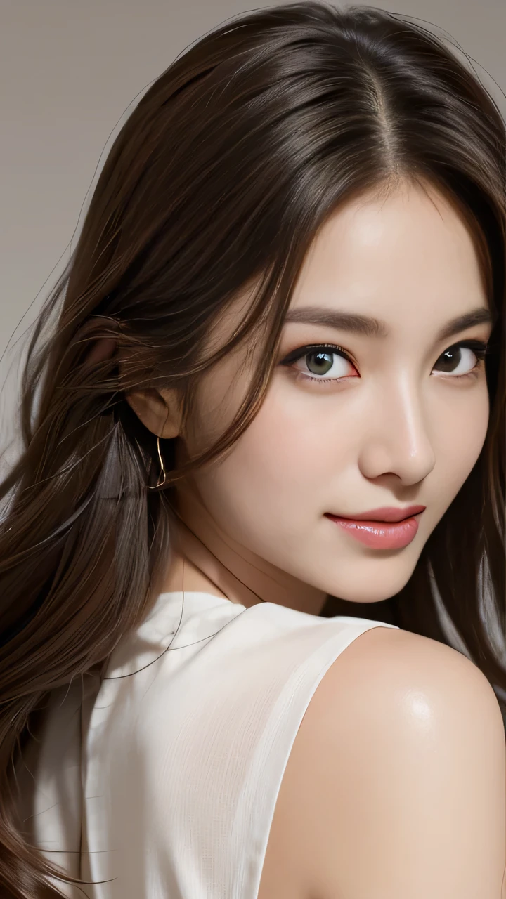 Fragments flying, best quality, Practical, Very detailed, Finely, high resolution, 8K Dende Wallpaper, 1 beautiful woman,, Light brown messy hair, Wearing a suit, Clear focus, Perfect dynamic composition, Beautiful and delicate eyes, Fine hairs, Detailed Practical skin texture, Smile, Close-up portrait, Model figure