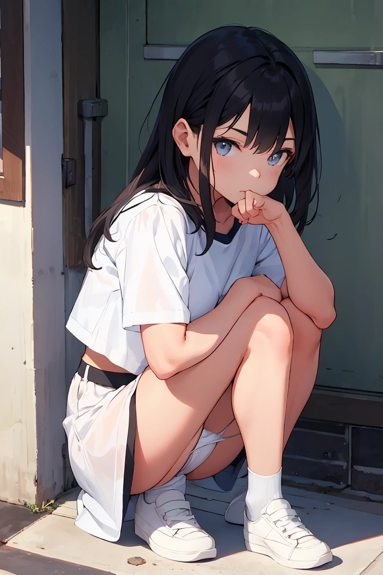 Black Hair Panty shot White underwear Crouching girl