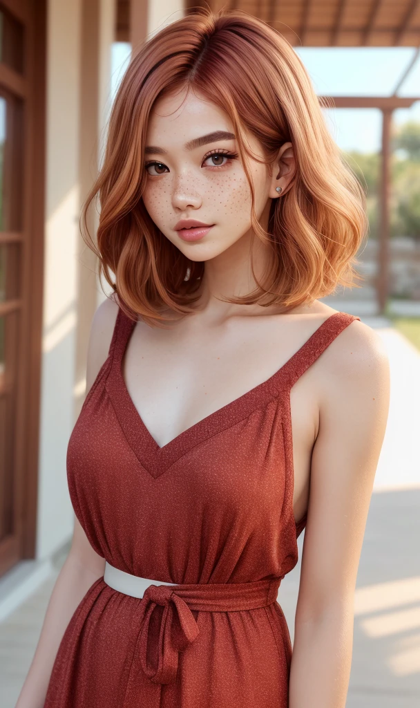 lbobh2024, 1 girl, best quality, masterpiece, photorealistic, raw image. cinematic lighting, long bob hairstyle, ginger hair, Khmer girl, pale skin, freckles, hazel eyes,