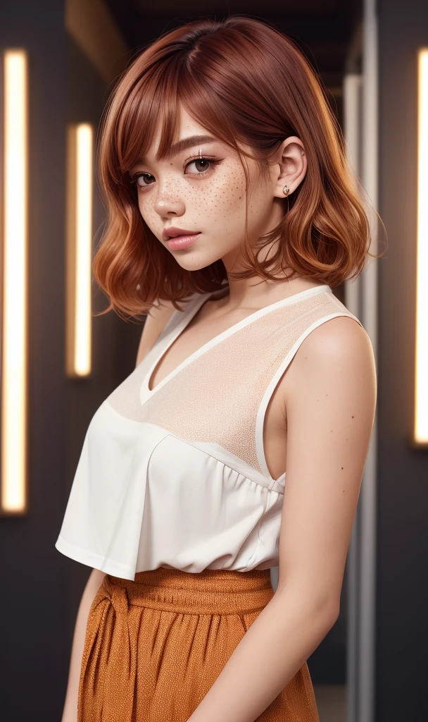 lbobh2024, 1 girl, best quality, masterpiece, photorealistic, raw image. cinematic lighting, long bob hairstyle, ginger hair, Khmer girl, pale skin, freckles, hazel eyes,