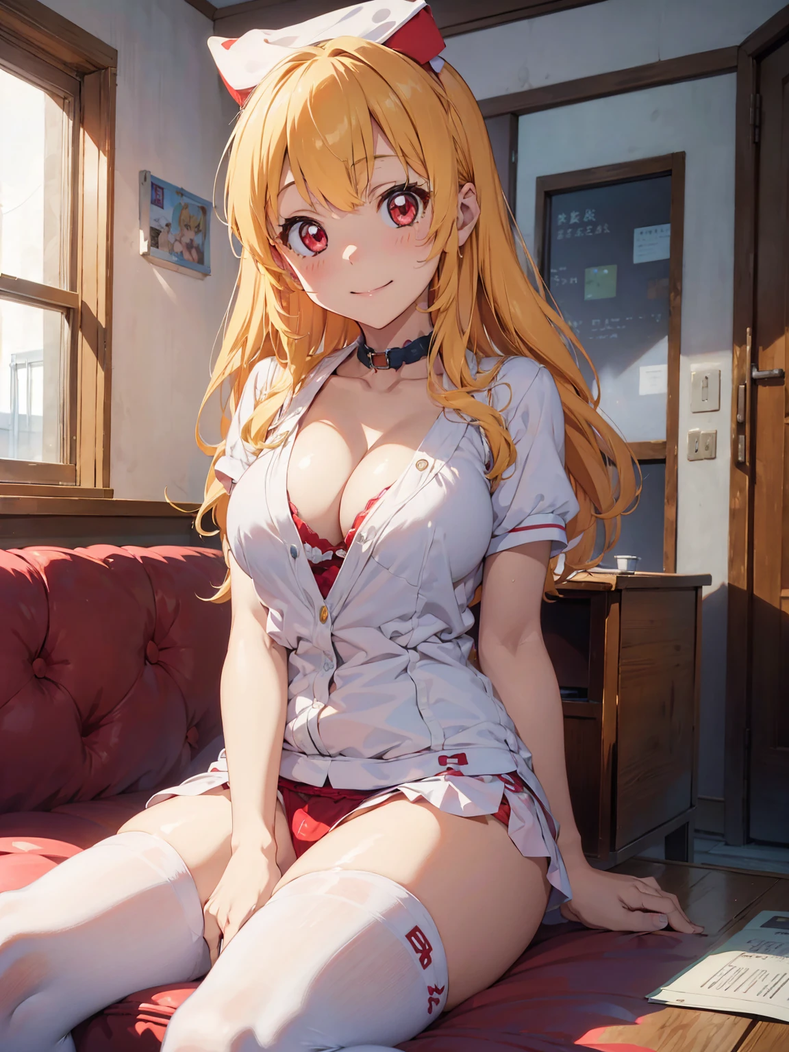 a cartoon of the sexy anime cartoon character is laying down on a couch, 1girl, breasts, solo, nurse, underwear, hoshimiya ichigo, nurse cap, panties, thighhighs, red eyes, white thighhighs, hat, white panties, Blonde hair, spread legs, large breasts, smile, blush, sitting, looking at viewer, partially visible vulva, thighs, cleavage