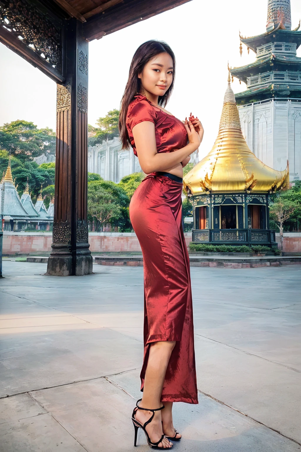 arafed asian woman in a satin dress standing in front of a crowd, (((full body view:2))), ((pretty lady MoonLay:1.2)), (pretty lady MoonLay), ((((pretty lady MoonLay's innocent cute face and cute small smile:1.3)))), ((perfect pose for photography:1.2)), (random people walking), ((wearing Myanmar traditional elegant and stylish white and red affair:1.2)), ((super curvy and wide buttock)), ((white top dress:1.4)), ((red satin long skirt:1.5)), ((blue sandal high heel)), south east asian with square face, traditional beauty, beautiful asian girl, anime thai girl, a young beautiful asian woman, (((photorealistic background))), ((in a park with Myanmar temple and pagoda at far background:1.5)), (((evening lighting with golden sunlight1.5))), (cinematic enhance HDR portrait lighting, perfect anatomy, cannon mark v, DSLR quality, (perfect anatomy:1.2), (perfect toes:1.2),