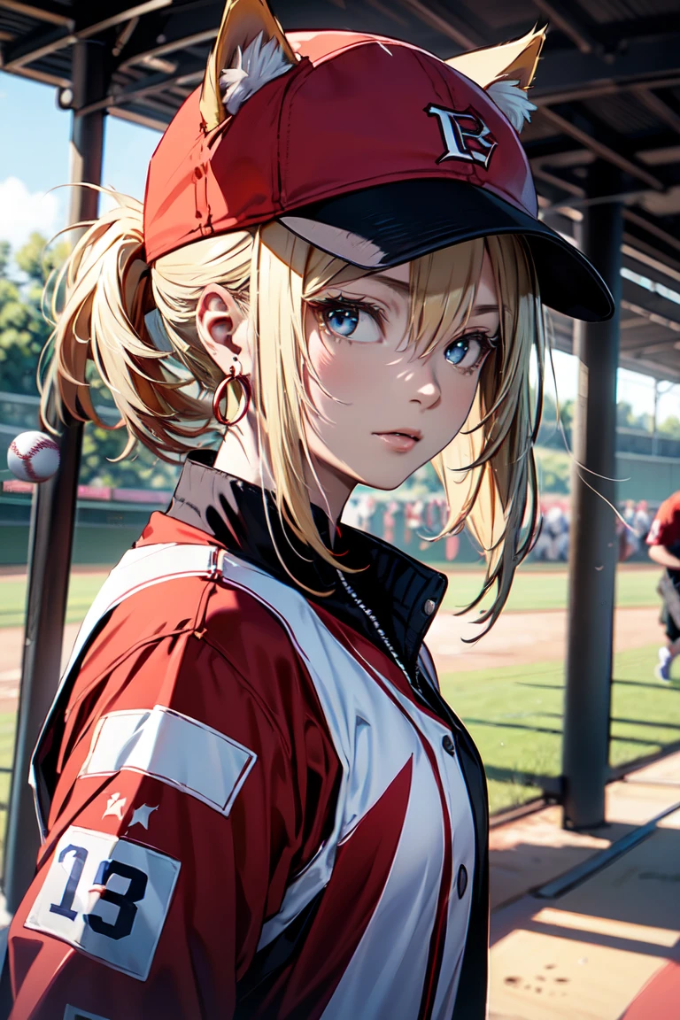 ((At the baseball field with the cat)),((Cat ears)), ((Sleeveless)),((Wine Red Baseball Cap)),((Wearing a wine red baseball uniform))、((Red jacket))、 Blonde Hair, 短めponytail, (Blonde Hair, short,ponytail), Pale blue eyes,Closed Mouth、Hoop Earrings, Jewelry,(Best Quality, 8k, Oil painting, Mastepiece:1.2), Super detailed, (Realism, It's photorealistic:1.37), (((Bust Shot))),