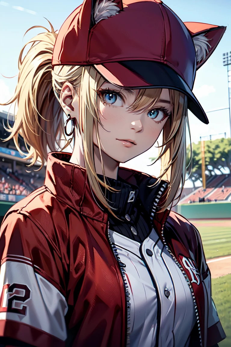 ((At the baseball field with the cat)),((Cat ears)), ((Sleeveless)),((Wine Red Baseball Cap)),((Wearing a wine red baseball uniform))、((Red jacket))、 Blonde Hair, 短めponytail, (Blonde Hair, short,ponytail), Pale blue eyes,Closed Mouth、Hoop Earrings, Jewelry,(Best Quality, 8k, Oil painting, Mastepiece:1.2), Super detailed, (Realism, It&#39;s photorealistic:1.37), (((Bust Shot))),