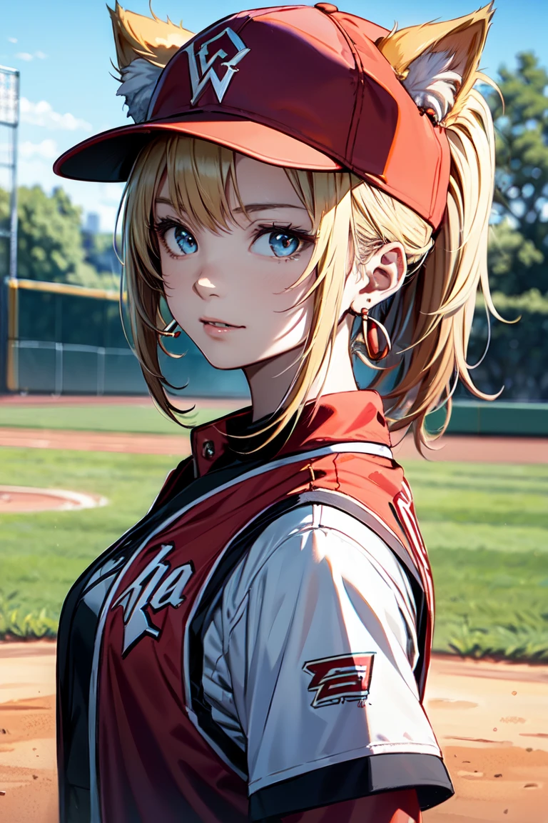 ((At the baseball field with the cat)),((Cat ears)), ((Sleeveless)),((Wine Red Baseball Cap)),((Wearing a wine red baseball uniform))、((Red jacket))、 Blonde Hair, 短めponytail, (Blonde Hair, short,ponytail), Pale blue eyes,Closed Mouth、Hoop Earrings, Jewelry,(Best Quality, 8k, Oil painting, Mastepiece:1.2), Super detailed, (Realism, It&#39;s photorealistic:1.37), (((Bust Shot))),