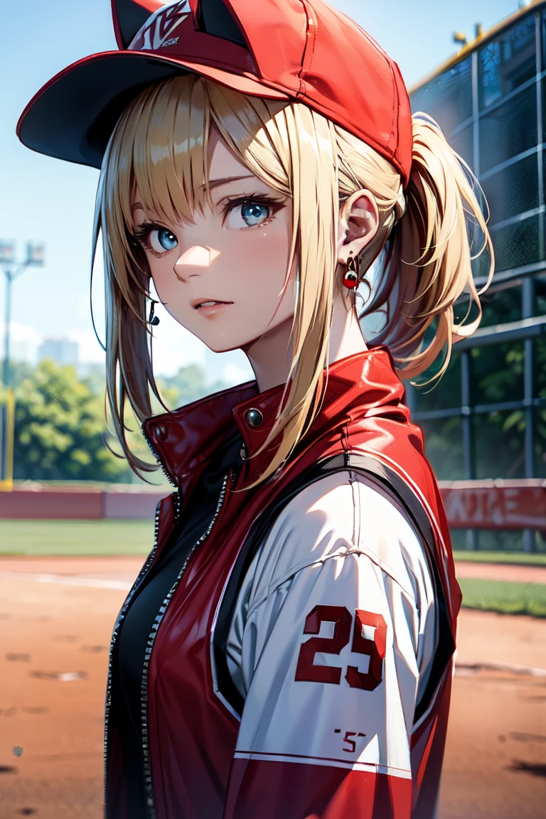 ((At the baseball field with the cat)),((Cat ears)), ((Sleeveless)),((Wine Red Baseball Cap)),((Wearing a wine red baseball uniform))、((Red jacket))、 Blonde Hair, 短めponytail, (Blonde Hair, short,ponytail), Pale blue eyes,Closed Mouth、Hoop Earrings, Jewelry,(Best Quality, 8k, Oil painting, Mastepiece:1.2), Super detailed, (Realism, It's photorealistic:1.37), (((Bust Shot))),
