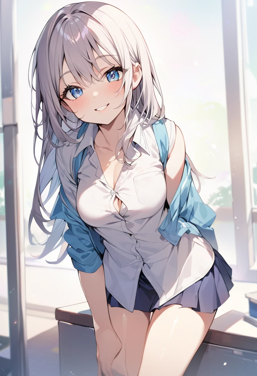 (high quality)、(high resolution) primary school students、looking at me with a smile、whole body、medium breasts、Sleeveless Button Down Collared Shirt.、small tight miniskirt、