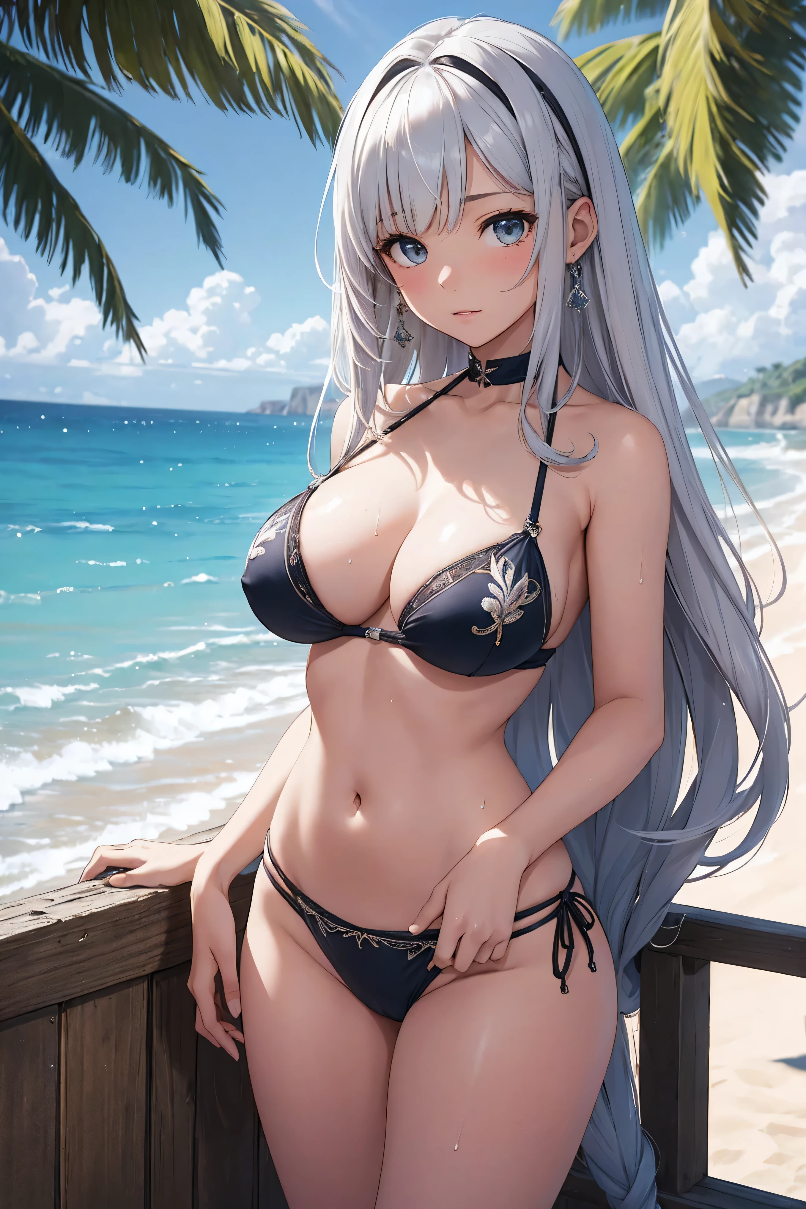 masterpiece、Background with((sea side、sand beach))、 student、a beauty girl、Silvery hair、huge tit、Detailed embroidery on the bikini、 Get on your knees、Open your crotch、perspiring、Hair wetness、I'm putting my hair together、poneyTail