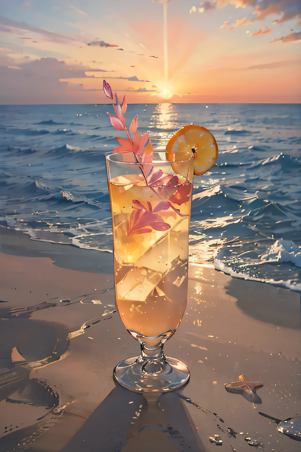 Absolutely mesmerizing sunset on the beach, with a blend of oranges, Pink, The sky is full. The crystal clear waters of the sea gently kiss the coast, White sandy beaches stretch endlessly. The scene is full of dynamics,Breathtaking,Palm trees swaying gently. Feel the calm atmosphere,Let peace envelop you.A glass of cocktail with a flower on the beach reflecting the sun and sea water