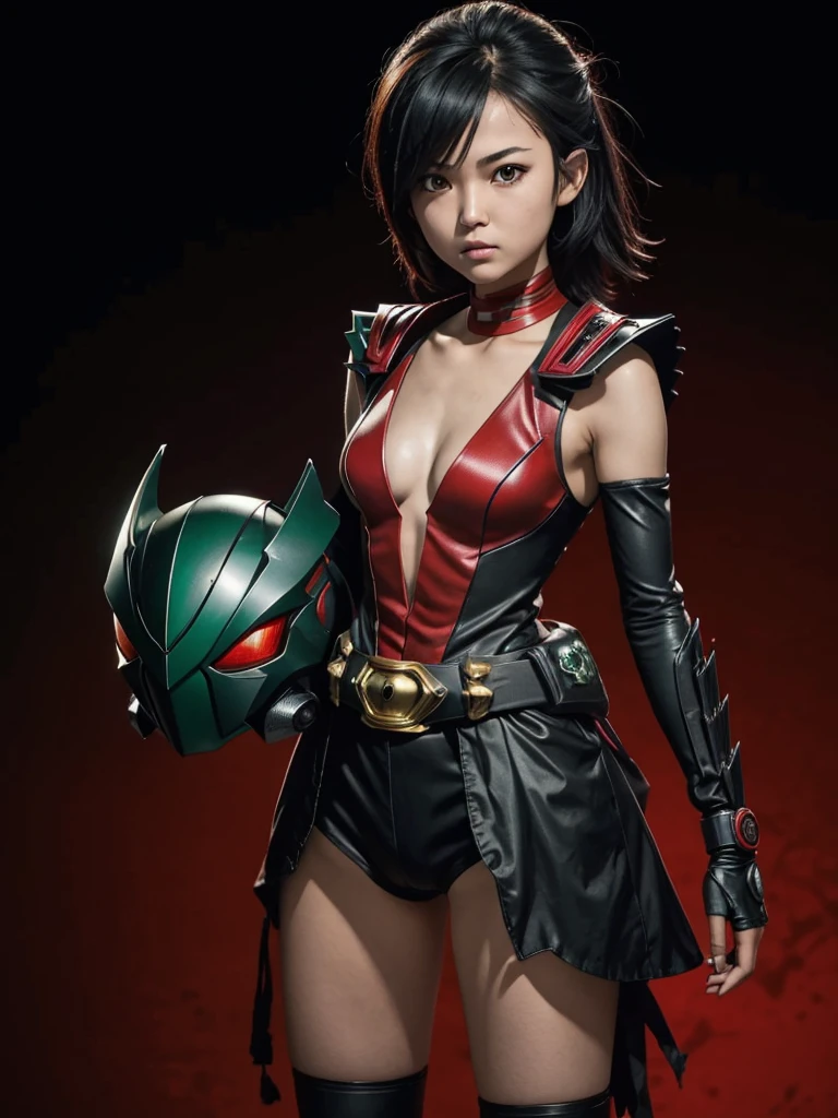 1 teenage girl. Slim body. Girl Kamen rider. Dragon styled kamen rider. Red and black female kamen rider suit with cleavage. Dragon styled full face kamen rider helmet. No face exposed. No hair exposed. Kamen rider belt. Standing pose. Red light background.