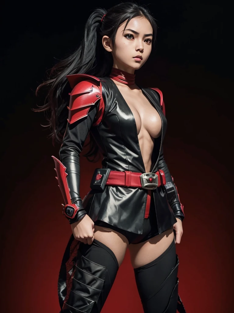 1 age girl. Slim body. Girl Kamen rider. Dragon styled kamen rider. Red and black female kamen rider suit with cleavage. Dragon styled full face kamen rider helmet. No face exposed. No hair exposed. Kamen rider belt. Standing pose. Red light background.