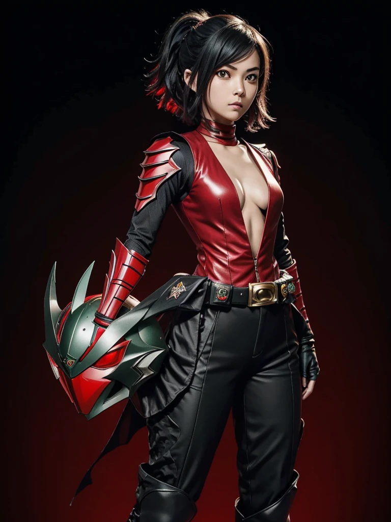 1  girl. Slim body. Girl Kamen rider. Dragon styled kamen rider. Red and black female kamen rider suit with cleavage. Dragon styled full face kamen rider helmet. No face exposed. No hair exposed. Kamen rider belt. Standing pose. Red light background.