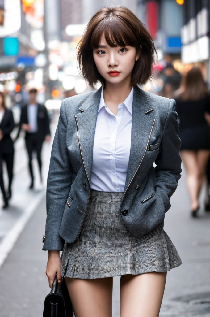 a 19 year old face of the most beautiful actress in the world, the perfect body proportions of a female, blazer is worn on blouse of female upper body, panties between bare legs are almost seen thanks to skirt is too short, the short hair cut of a female is just like male one, standing, at the city street, nsfw, best quality, highly detailed, masterpiece, ultra high res, photo realistic, 8k